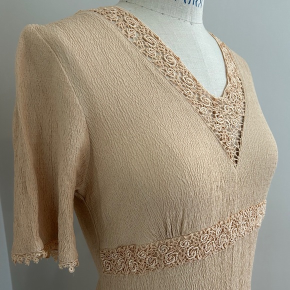 VTG 90s Crochet Mini Dress Crepe Blush Tan Balletcore Sz M - Picture 2 of 4